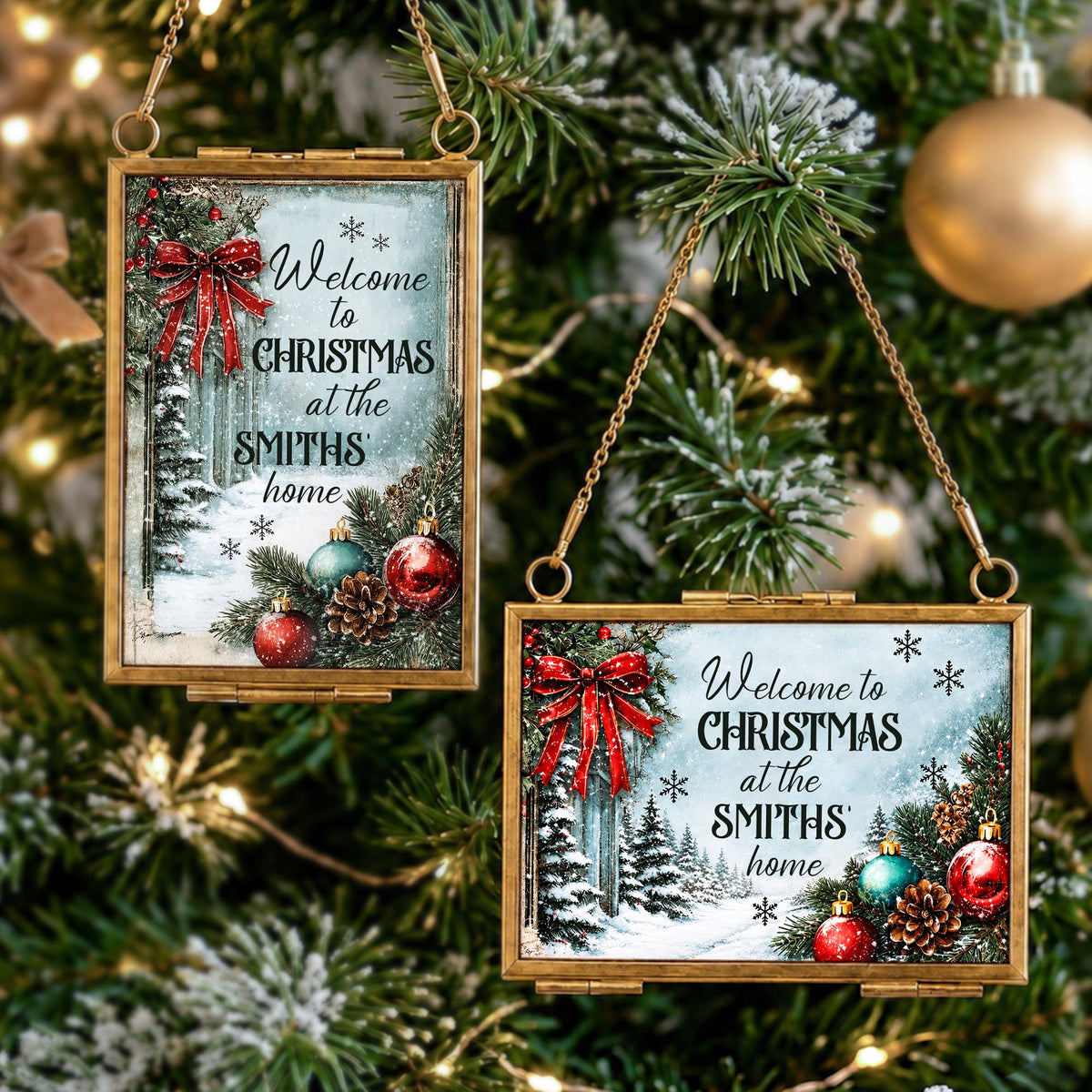 Welcome To Christmas At Our Home Red Bow Ornament Ornaments - Personalized Metal Frame Ornament - XMAS249_GOFRO