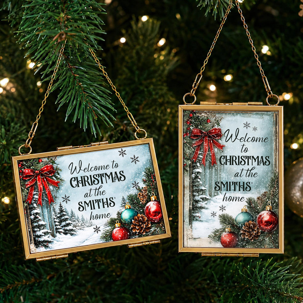 Welcome To Christmas At Our Home Red Bow Ornament Ornaments - Personalized Metal Frame Ornament - XMAS249_GOFRO