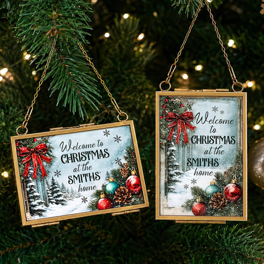 Welcome To Christmas At Our Home Red Bow Ornament Ornaments - Personalized Metal Frame Ornament - XMAS249_GOFRO