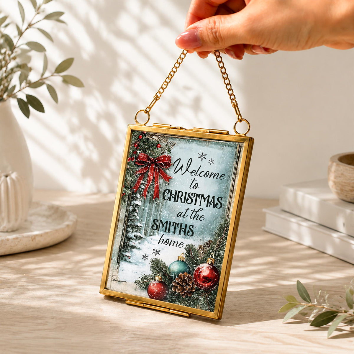 Welcome To Christmas At Our Home Red Bow Ornament Ornaments - Personalized Metal Frame Ornament - XMAS249_GOFRO