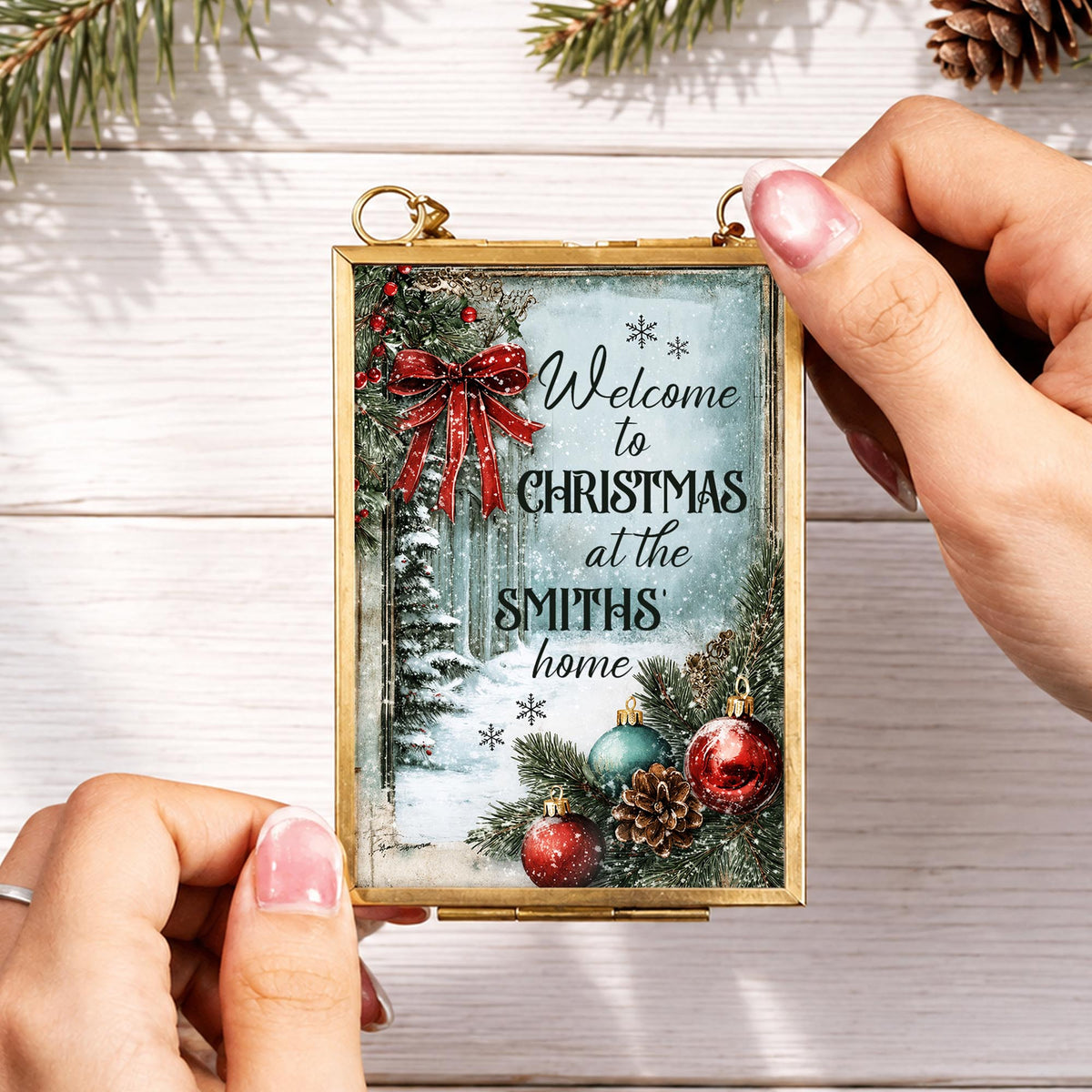 Welcome To Christmas At Our Home Red Bow Ornament Ornaments - Personalized Metal Frame Ornament - XMAS249_GOFRO
