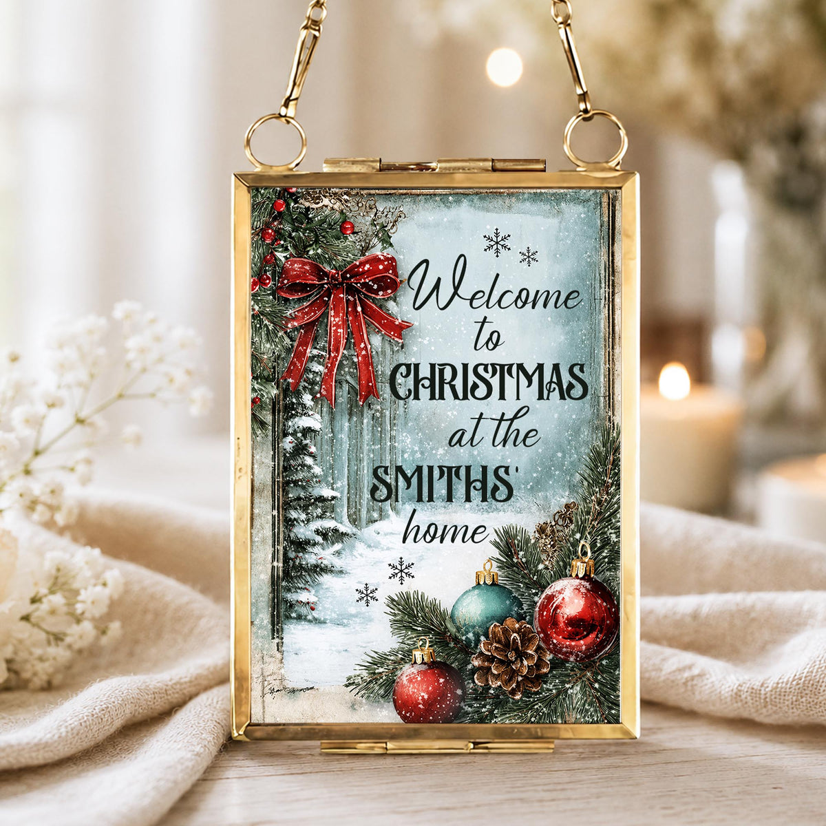 Welcome To Christmas At Our Home Red Bow Ornament Ornaments - Personalized Metal Frame Ornament - XMAS249_GOFRO