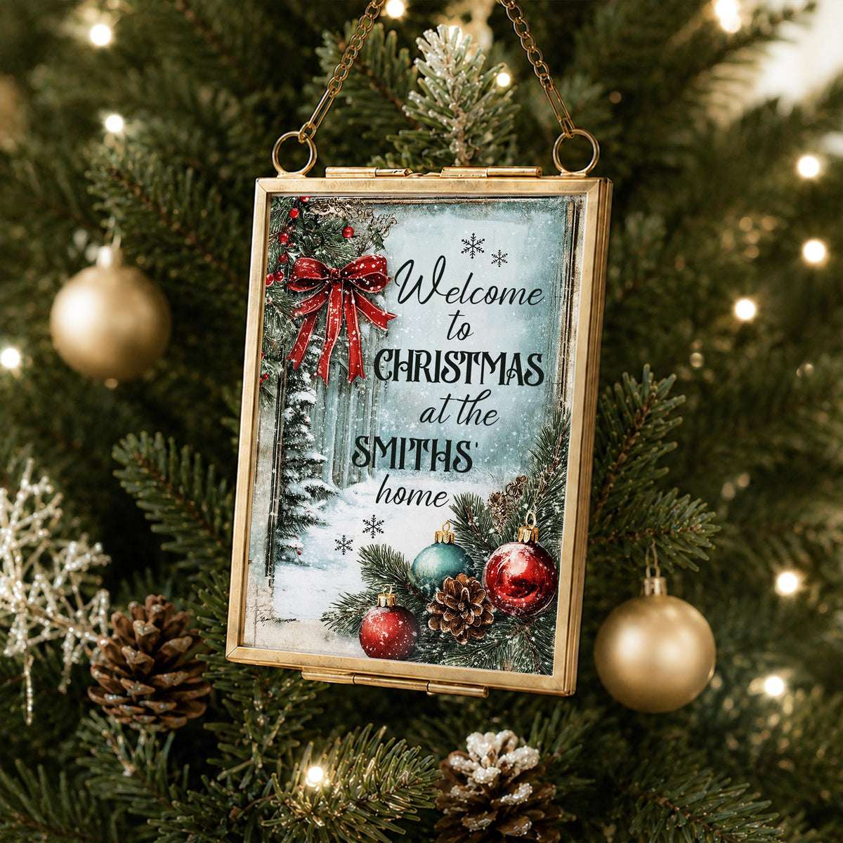 Welcome To Christmas At Our Home Red Bow Ornament Ornaments - Personalized Metal Frame Ornament - XMAS249_GOFRO
