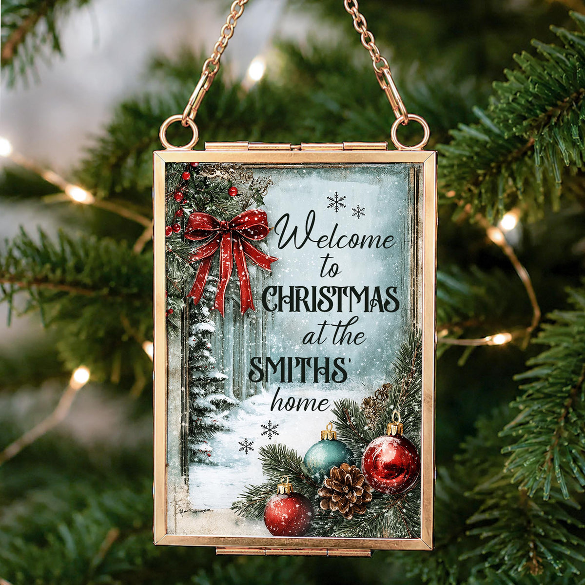 Welcome To Christmas At Our Home Red Bow Ornament Ornaments - Personalized Metal Frame Ornament - XMAS249_GOFRO