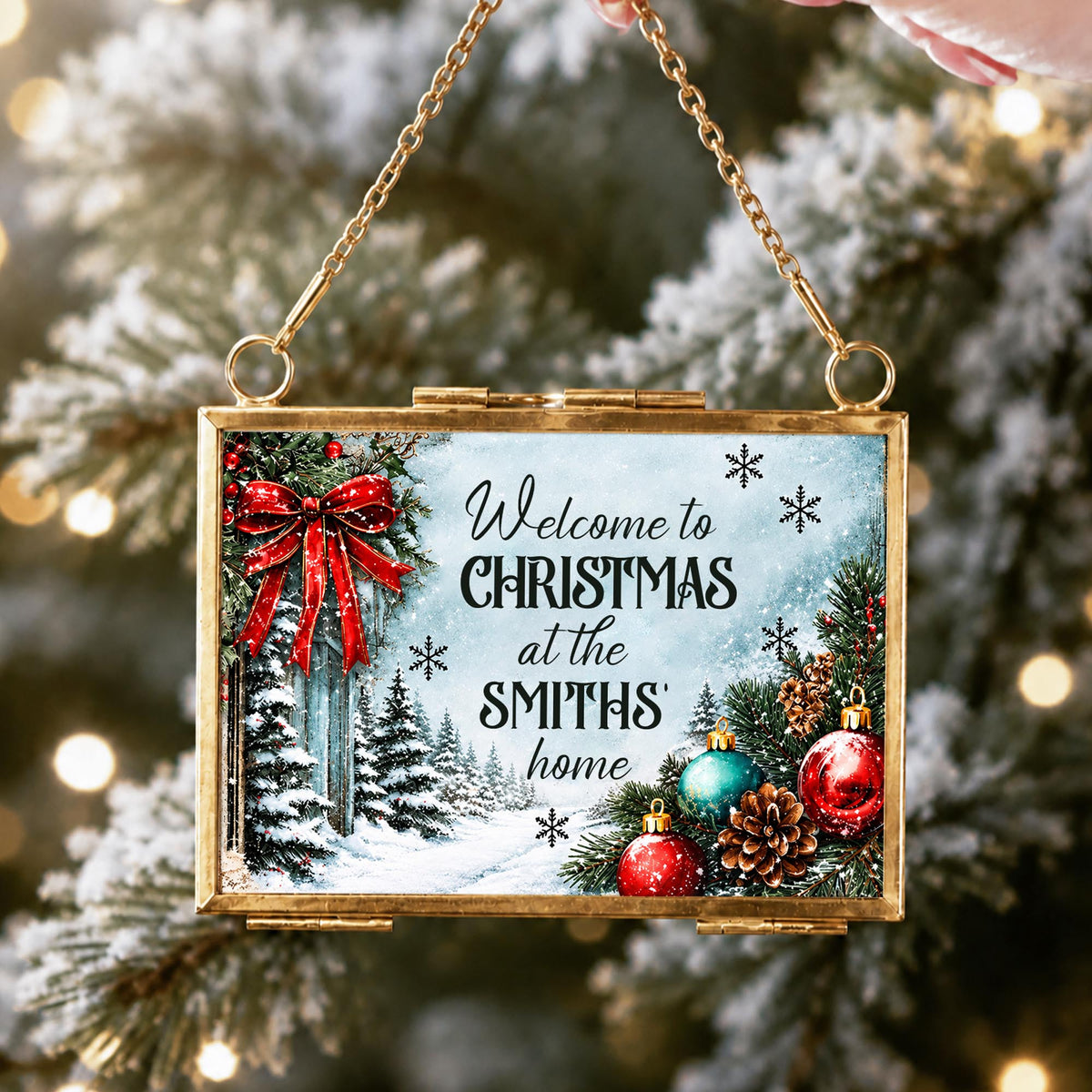 Welcome To Christmas At Our Home Red Bow Ornament Ornaments - Personalized Metal Frame Ornament - XMAS249_GOFRO