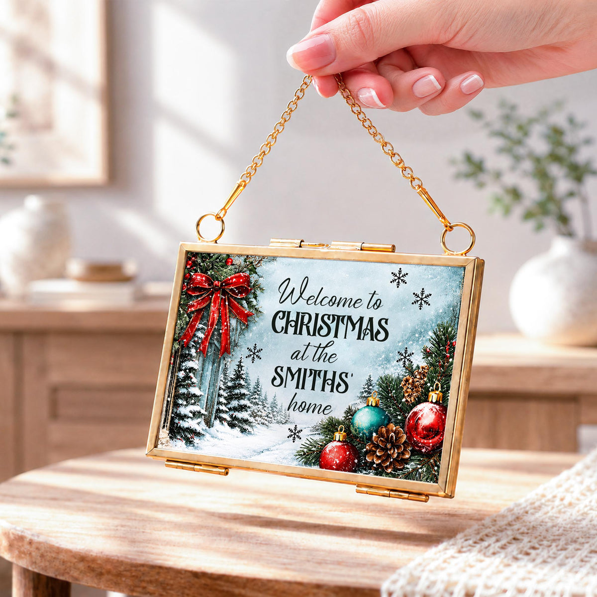 Welcome To Christmas At Our Home Red Bow Ornament Ornaments - Personalized Metal Frame Ornament - XMAS249_GOFRO