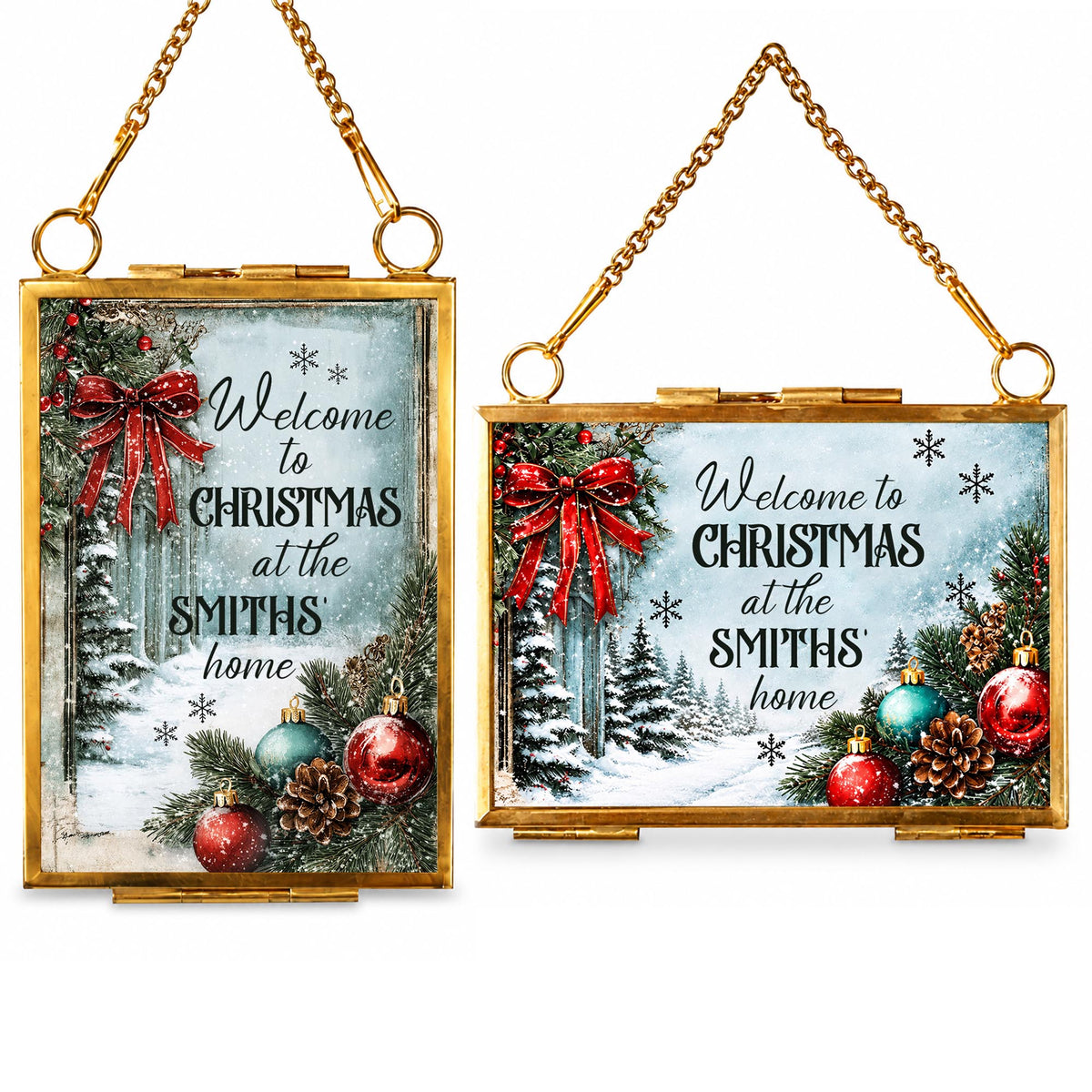 Welcome To Christmas At Our Home Red Bow Ornament Ornaments - Personalized Metal Frame Ornament - XMAS249_GOFRO