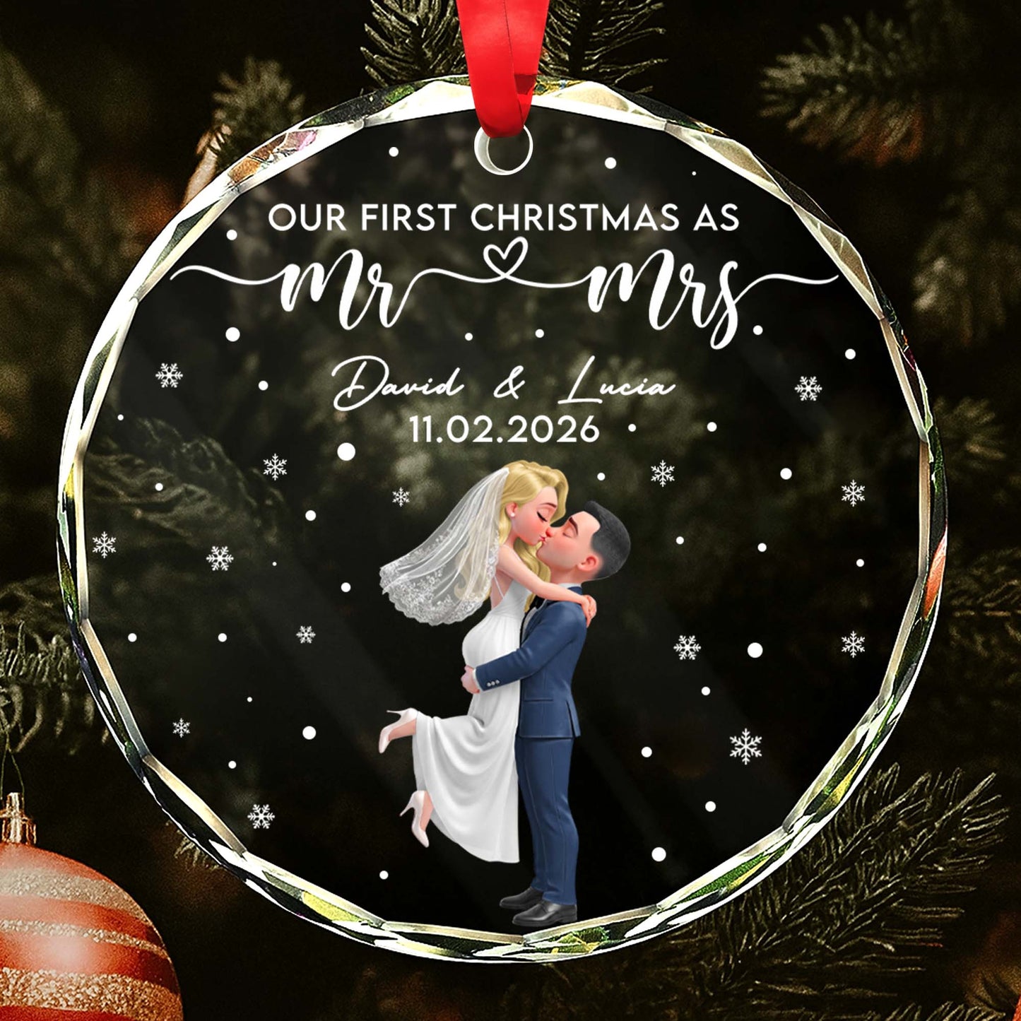 Our First Christmas As Mr And Mrs Wedding Couple Kissing - Personalized Custom Circle Glass Ornament - XMAS292_CGOR
