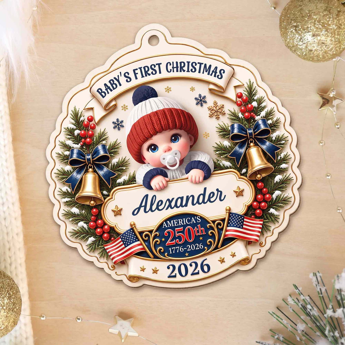 Baby's First Christmas America With Cute Baby And Festive Bells - Personalized Custom Wood Ornament, Custom Shaped - XMAS300_WDO