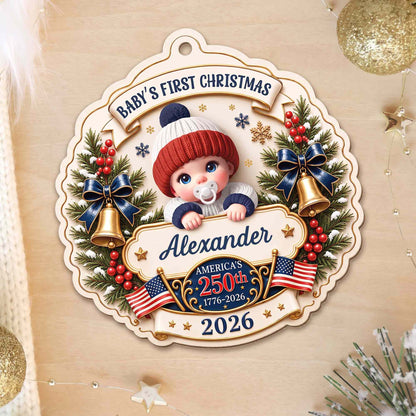 Baby's First Christmas America With Cute Baby And Festive Bells - Personalized Custom Wood Ornament, Custom Shaped - XMAS300_WDO