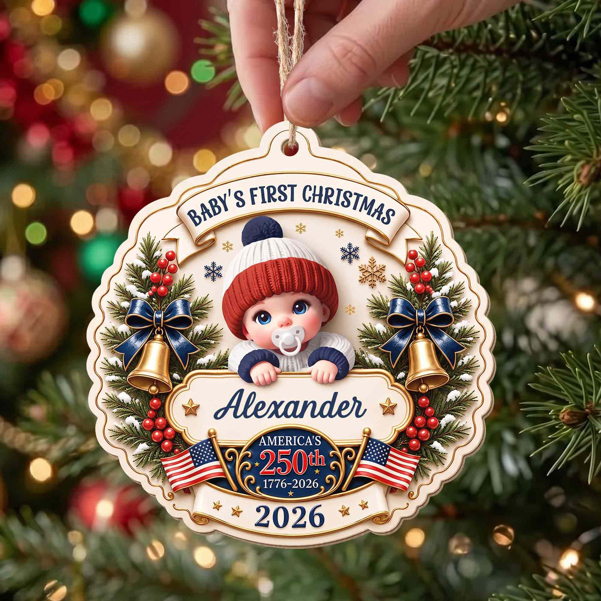 Baby's First Christmas America With Cute Baby And Festive Bells - Personalized Custom Wood Ornament, Custom Shaped - XMAS300_WDO