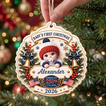 Baby's First Christmas America With Cute Baby And Festive Bells - Personalized Custom Wood Ornament, Custom Shaped - XMAS300_WDO
