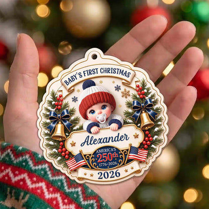 Baby's First Christmas America With Cute Baby And Festive Bells - Personalized Custom Wood Ornament, Custom Shaped - XMAS300_WDO