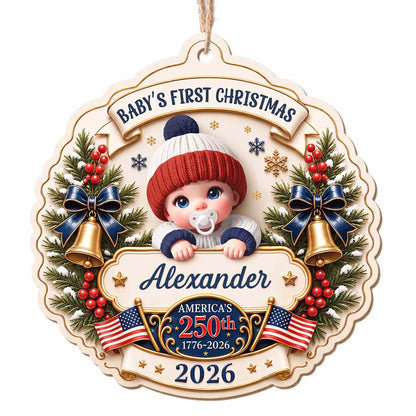 Baby's First Christmas America With Cute Baby And Festive Bells - Personalized Custom Wood Ornament, Custom Shaped - XMAS300_WDO