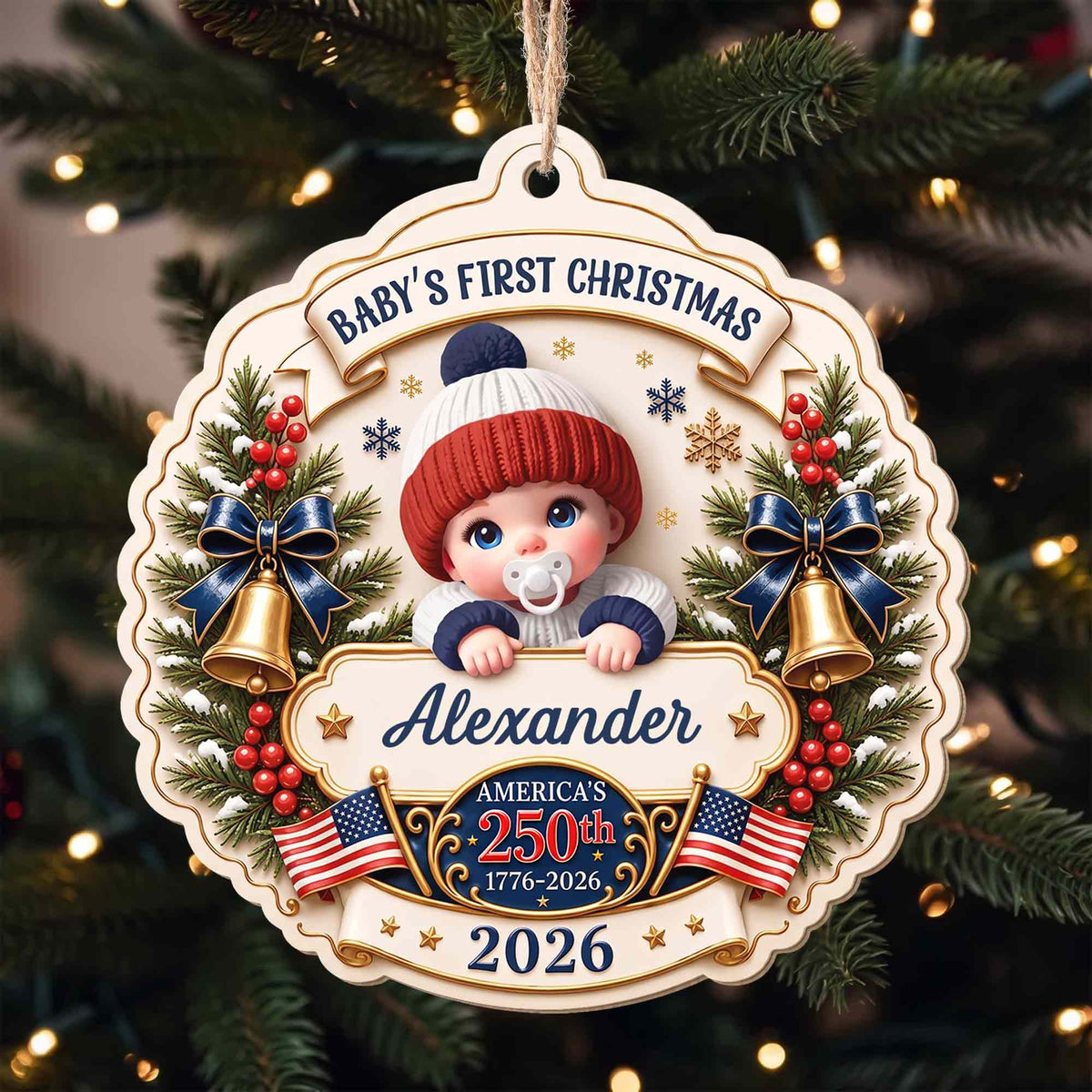 Baby's First Christmas America With Cute Baby And Festive Bells - Personalized Custom Wood Ornament, Custom Shaped - XMAS300_WDO