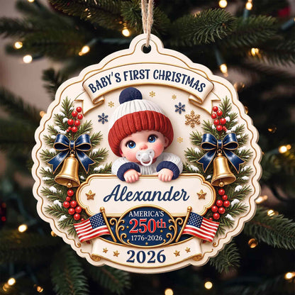 Baby's First Christmas America With Cute Baby And Festive Bells - Personalized Custom Wood Ornament, Custom Shaped - XMAS300_WDO