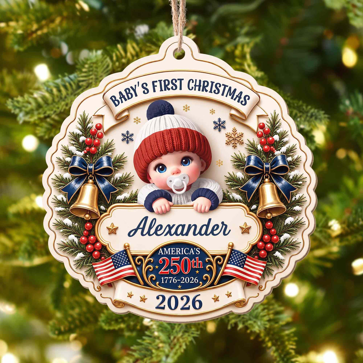 Baby's First Christmas America With Cute Baby And Festive Bells - Personalized Custom Wood Ornament, Custom Shaped - XMAS300_WDO
