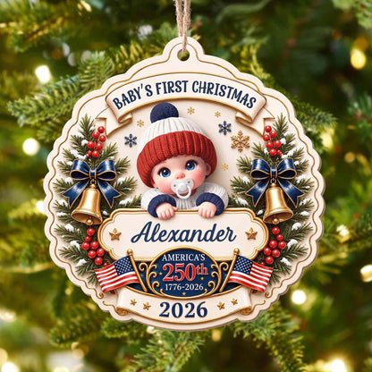 Baby's First Christmas America With Cute Baby And Festive Bells - Personalized Custom Wood Ornament, Custom Shaped - XMAS300_WDO