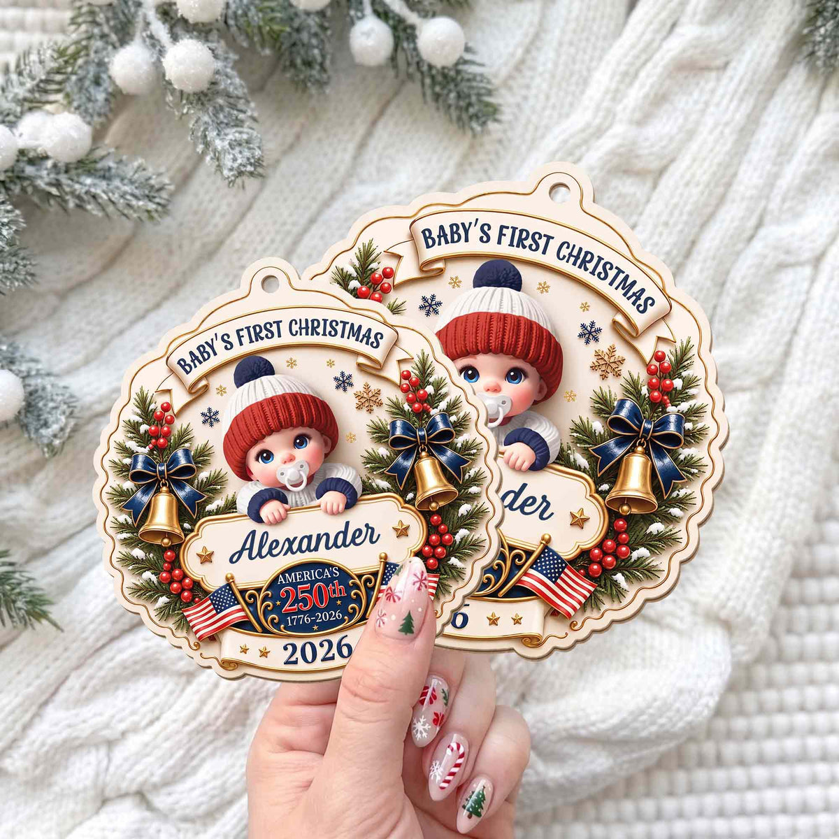 Baby's First Christmas America With Cute Baby And Festive Bells - Personalized Custom Wood Ornament, Custom Shaped - XMAS300_WDO