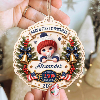 Baby's First Christmas America With Cute Baby And Festive Bells - Personalized Custom Wood Ornament, Custom Shaped - XMAS300_WDO