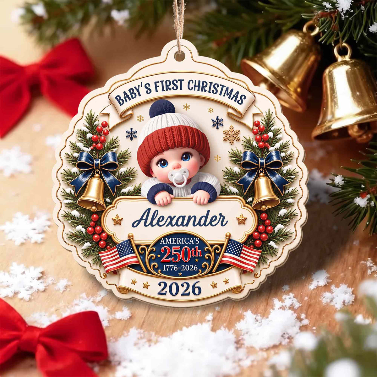 Baby's First Christmas America With Cute Baby And Festive Bells - Personalized Custom Wood Ornament, Custom Shaped - XMAS300_WDO