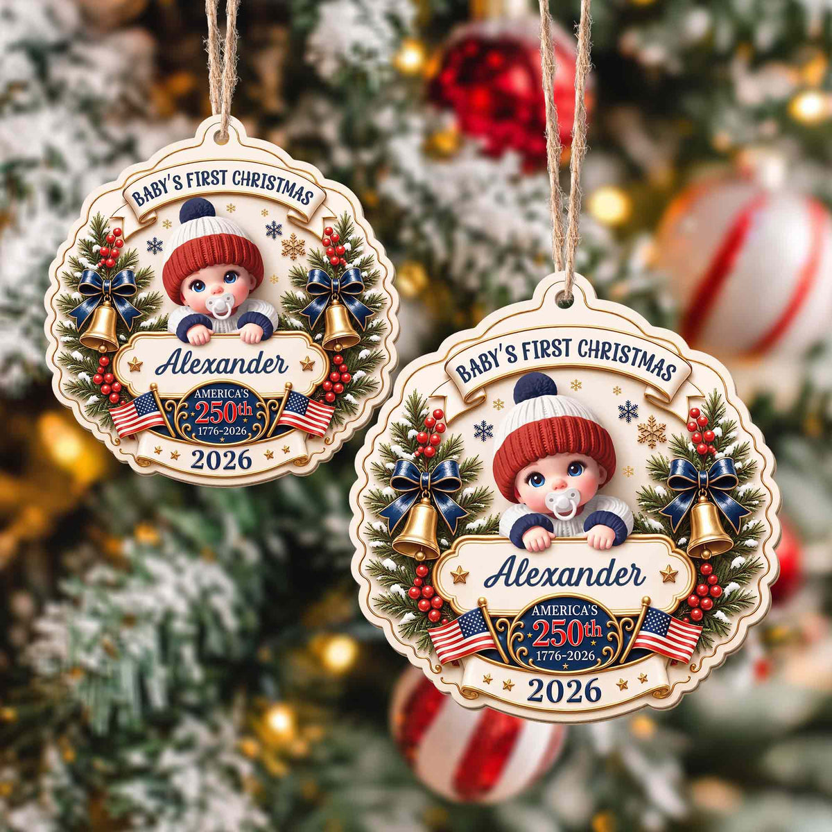 Baby's First Christmas America With Cute Baby And Festive Bells - Personalized Custom Wood Ornament, Custom Shaped - XMAS300_WDO