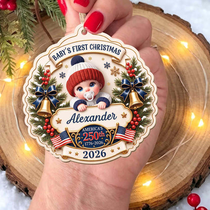Baby's First Christmas America With Cute Baby And Festive Bells - Personalized Custom Wood Ornament, Custom Shaped - XMAS300_WDO