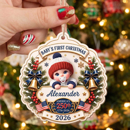 Baby's First Christmas America With Cute Baby And Festive Bells - Personalized Custom Wood Ornament, Custom Shaped - XMAS300_WDO