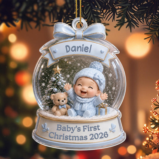 Baby's First Christmas Snow Globe Ornament With Teddy Bear And Tree - Personalized Custom Acrylic Ornament, Christmas Gift - XMAS308_ACO