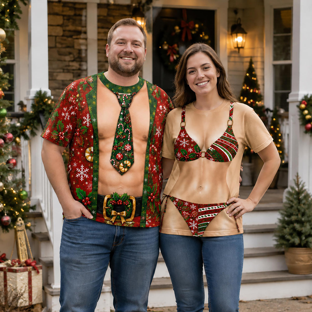 Festive Christmas Bikini With Snowflakes And Holly Berries - Personalized Custom Unisex All-Over Printed T-Shirt - XMAS315_3T