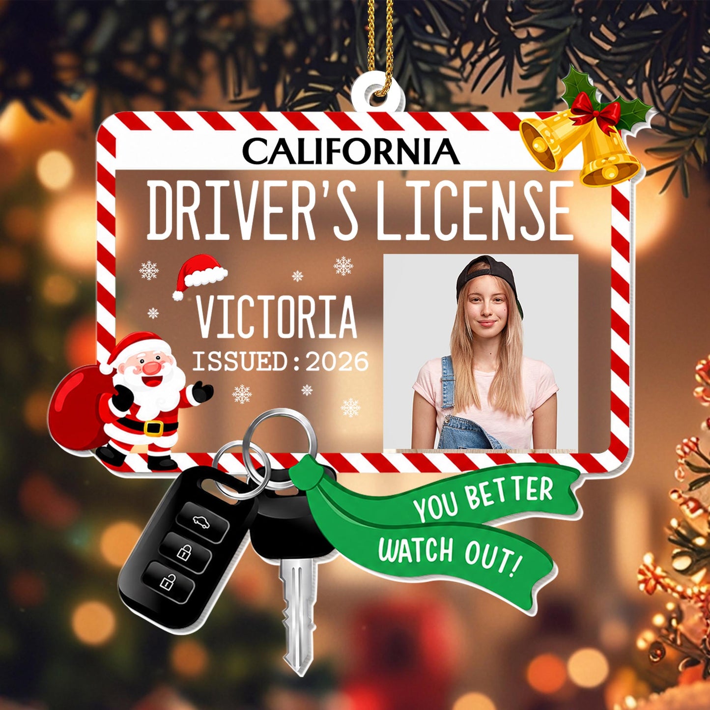 Driver's License You Better Watch Out With Santa and Car Keys - Personalized Custom Acrylic Ornament, Christmas Gift - XMAS342_ACO