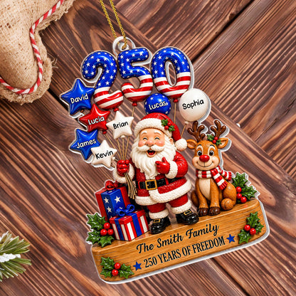 Our Family 250 Years Of Freedom Santa Reindeer And Flag Balloons - Personalized Custom Acrylic Ornament, Christmas Gift - XMAS368_ACO
