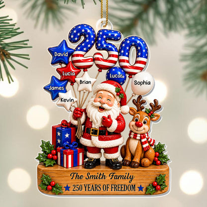 Our Family 250 Years Of Freedom Santa Reindeer And Flag Balloons - Personalized Custom Acrylic Ornament, Christmas Gift - XMAS368_ACO