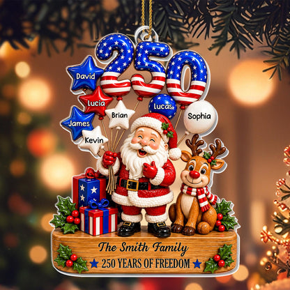 Our Family 250 Years Of Freedom Santa Reindeer And Flag Balloons - Personalized Custom Acrylic Ornament, Christmas Gift - XMAS368_ACO