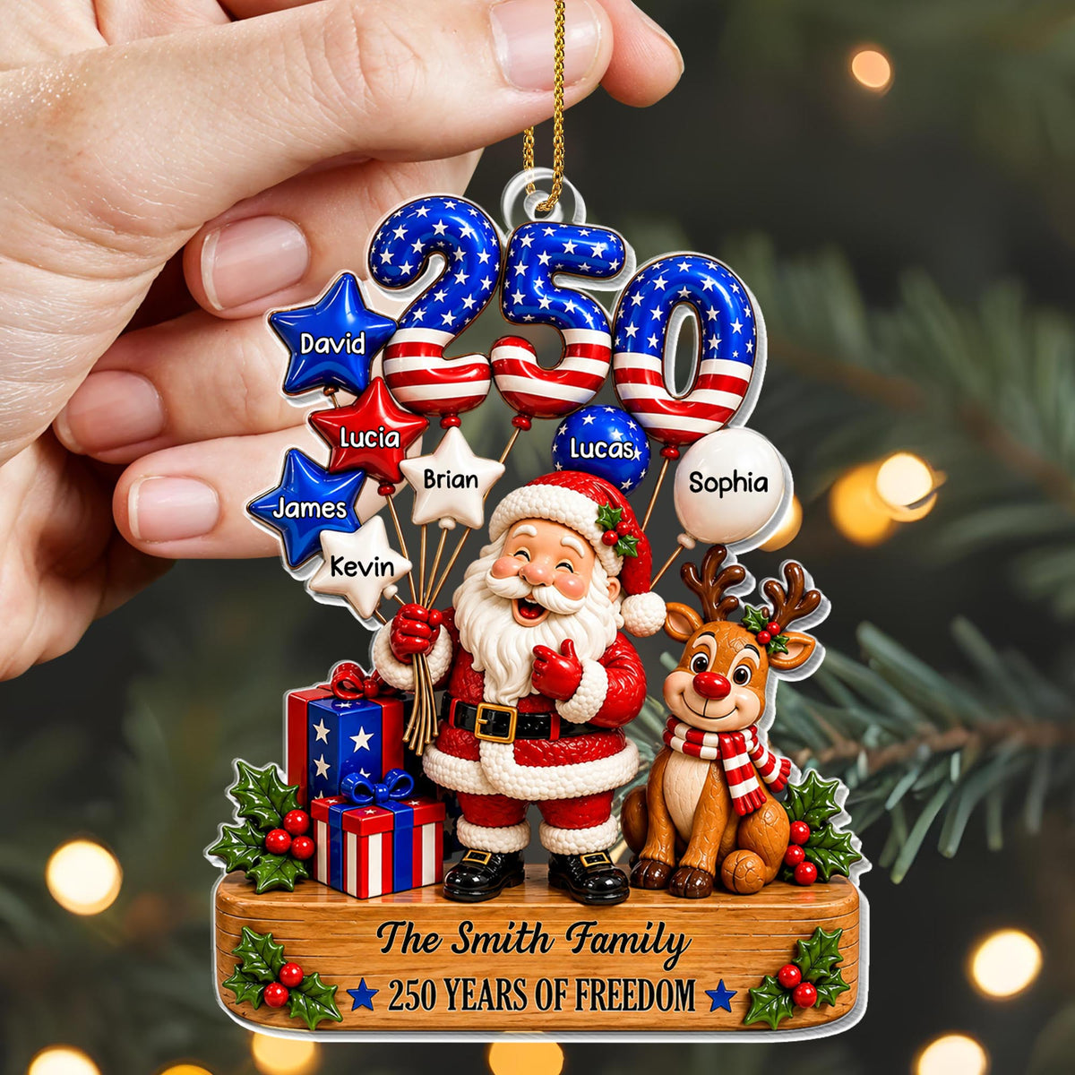 Our Family 250 Years Of Freedom Santa Reindeer And Flag Balloons - Personalized Custom Acrylic Ornament, Christmas Gift - XMAS368_ACO