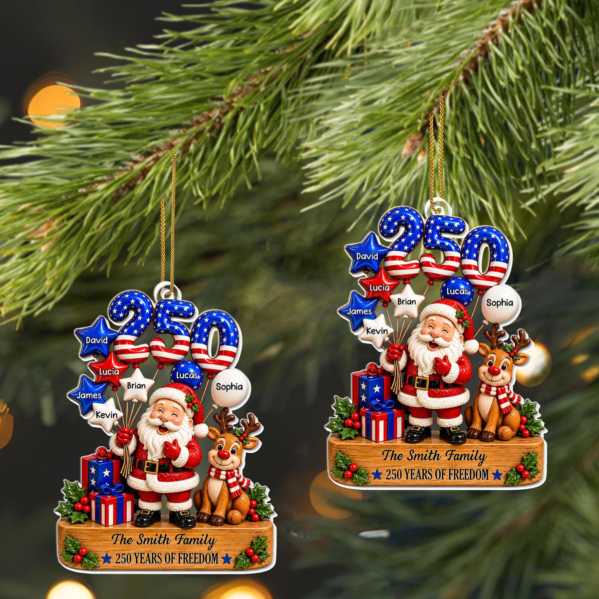 Our Family 250 Years Of Freedom Santa Reindeer And Flag Balloons - Personalized Custom Acrylic Ornament, Christmas Gift - XMAS368_ACO