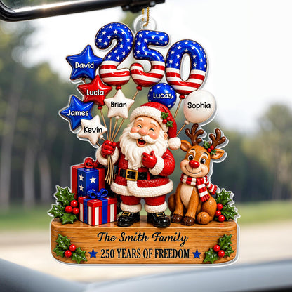 Our Family 250 Years Of Freedom Santa Reindeer And Flag Balloons - Personalized Custom Acrylic Ornament, Christmas Gift - XMAS368_ACO