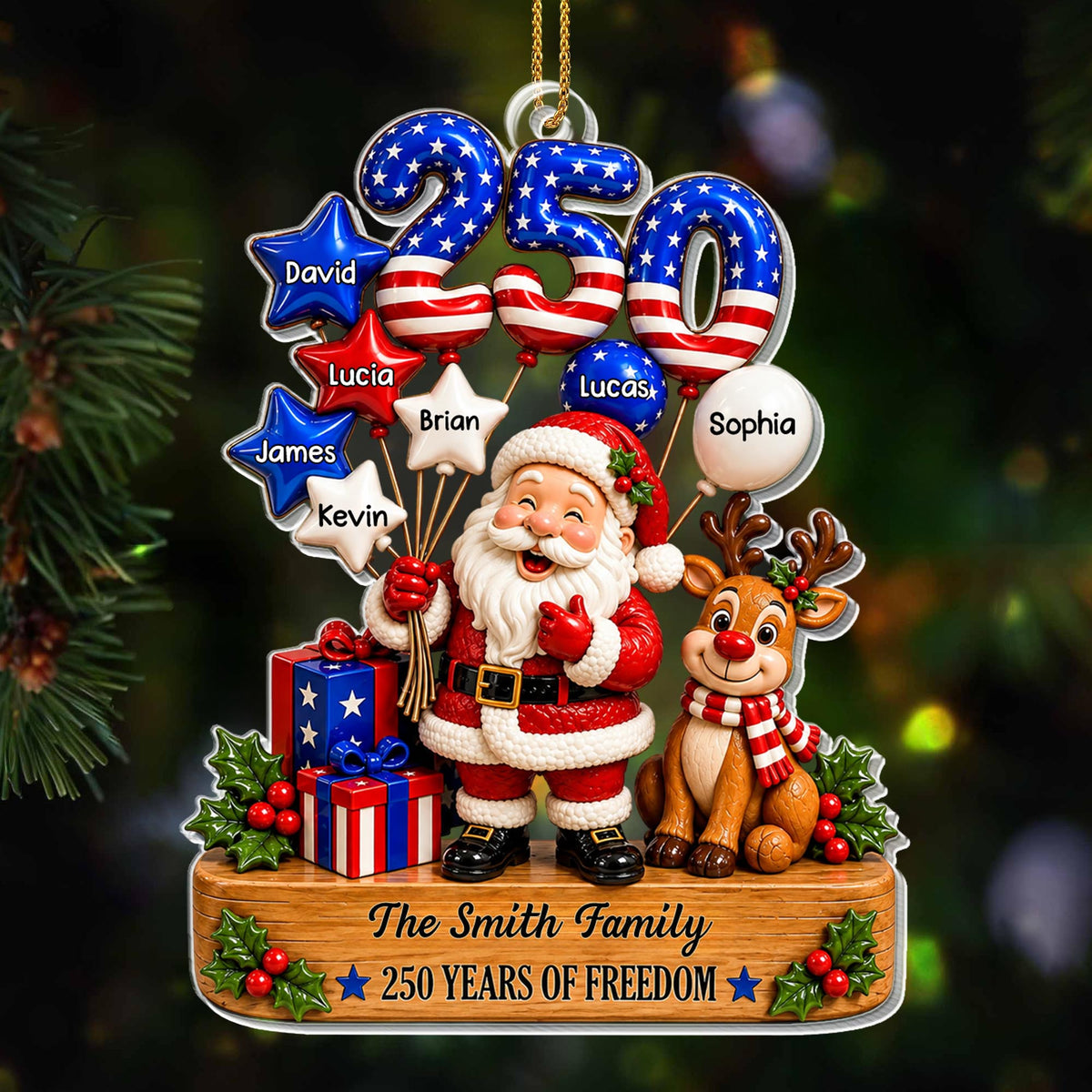 Our Family 250 Years Of Freedom Santa Reindeer And Flag Balloons - Personalized Custom Acrylic Ornament, Christmas Gift - XMAS368_ACO