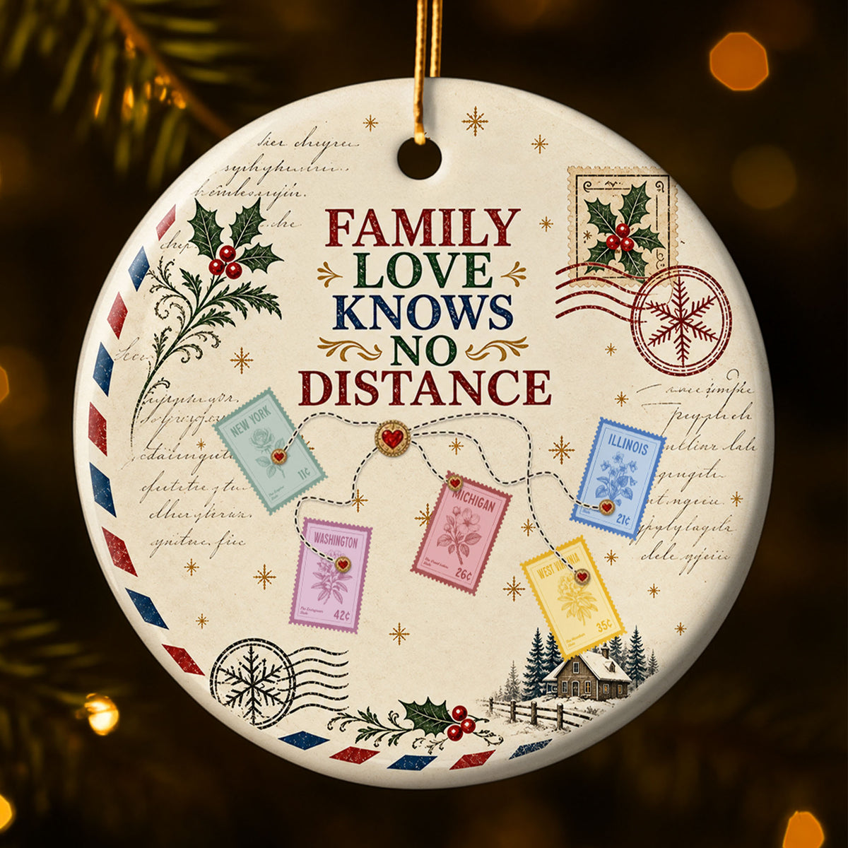 Family Love Knows No Distance With Postage Stamps And Holly Leaves - Personalized Custom Ceramic Ornament With Round Shape - XMAS372_RCE