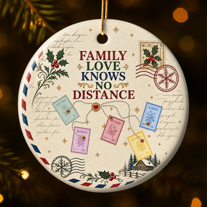 Family Love Knows No Distance With Postage Stamps And Holly Leaves - Personalized Custom Ceramic Ornament With Round Shape - XMAS372_RCE