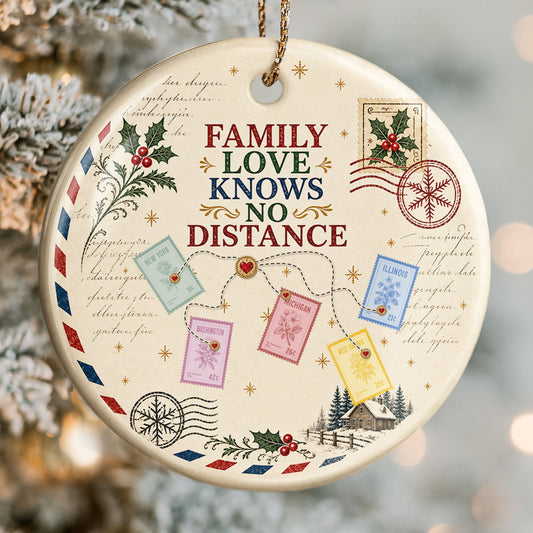 Family Love Knows No Distance With Postage Stamps And Holly Leaves - Personalized Custom Ceramic Ornament With Round Shape - XMAS372_RCE