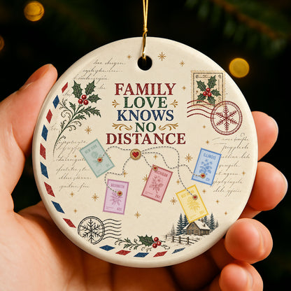 Family Love Knows No Distance With Postage Stamps And Holly Leaves - Personalized Custom Ceramic Ornament With Round Shape - XMAS372_RCE