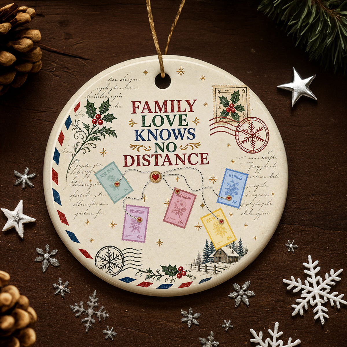 Family Love Knows No Distance With Postage Stamps And Holly Leaves - Personalized Custom Ceramic Ornament With Round Shape - XMAS372_RCE