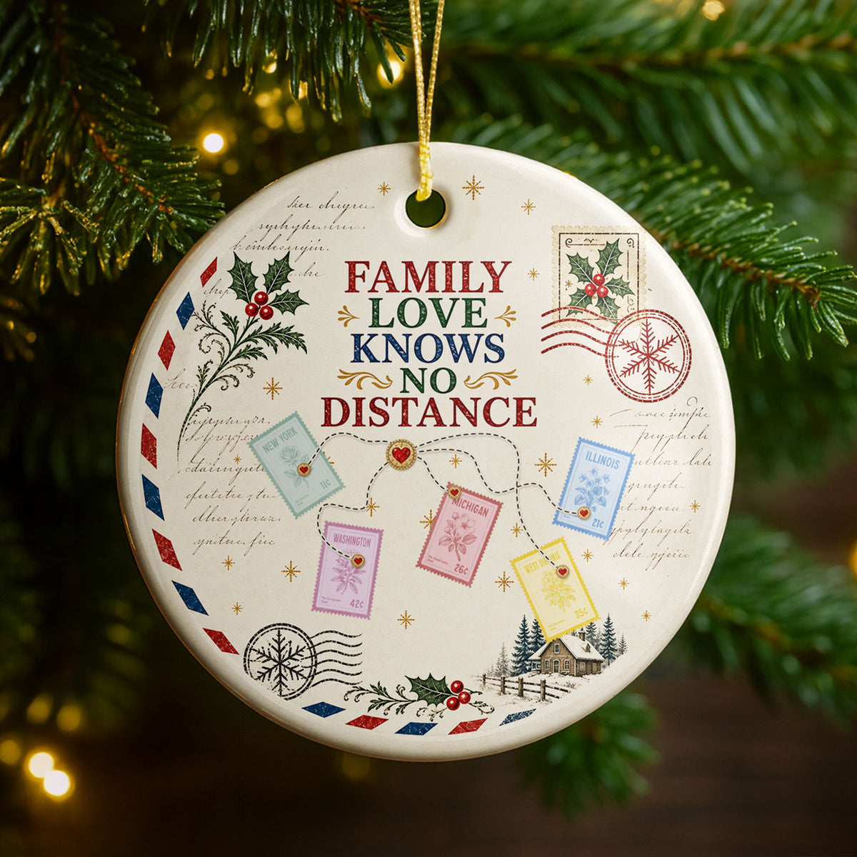 Family Love Knows No Distance With Postage Stamps And Holly Leaves - Personalized Custom Ceramic Ornament With Round Shape - XMAS372_RCE