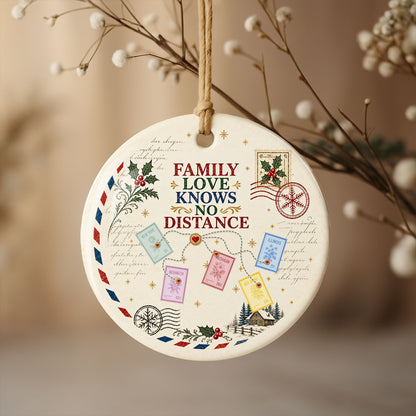 Family Love Knows No Distance With Postage Stamps And Holly Leaves - Personalized Custom Ceramic Ornament With Round Shape - XMAS372_RCE