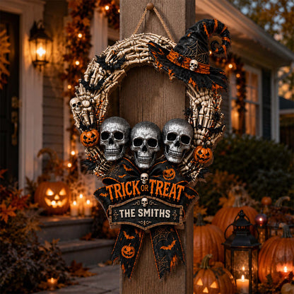 Trick Or Treat Skulls And Witch Hat Halloween Decor - Personalized Custom Shaped Wood Sign - HALW134_WSIGN