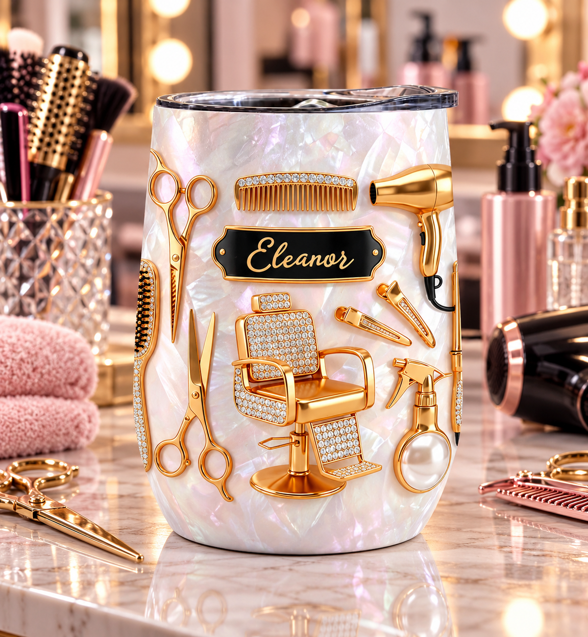 A Touch Of Style With Gold Scissors And Salon Chair - Personalized Wine Tumbler - HAIR027_WITUM