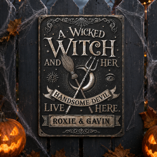 A Wicked Witch And Her Handsome Devil With Broomstick And Pitchfork - Personalized Metal Sign - HALW080_MSIGN