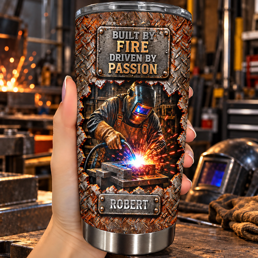 Built By Fire Driven By Passion Welder With Metal Plate 3D Design - Personalized Custom Stainless Steel Tumbler 20oz - JBS449_USTUM