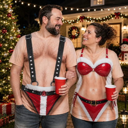 Funny Christmas Hairy Torso And Santa Bikini Couple Outfits - Personalized Custom Unisex All-Over Printed T-Shirt - CPL1910_3T
